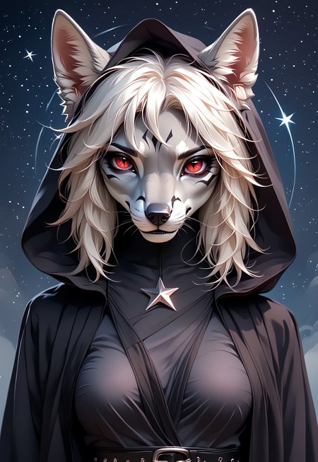 safe_pos, safe_pos, kftenhance,  safe_pos, score_9, score_8_up, score_7_up, upper body shot, female furry fox,medium breasts, sith outfit , hands folded, hood on head, white hair, star background, gray skin, gray wool, red eyes, black makeup under eyes  , tatoo breast, furry anthro, 