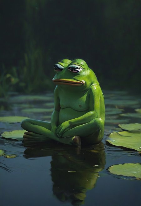 pepe_frog is sitting on a water lily, ( sad pepe_frog:1.2), unhappy, full body, swamp, from side, 
(oil on canvas:0.1), cinematic light, Jeremy Mann, dark shot, vegetable, highlights,
<lora:ClassipeintXL1.9:0.3> <lora:pepe_frog SDXL:1>, ,best quality, high resolution, extreme detail, outstanding composition, masterpiece,