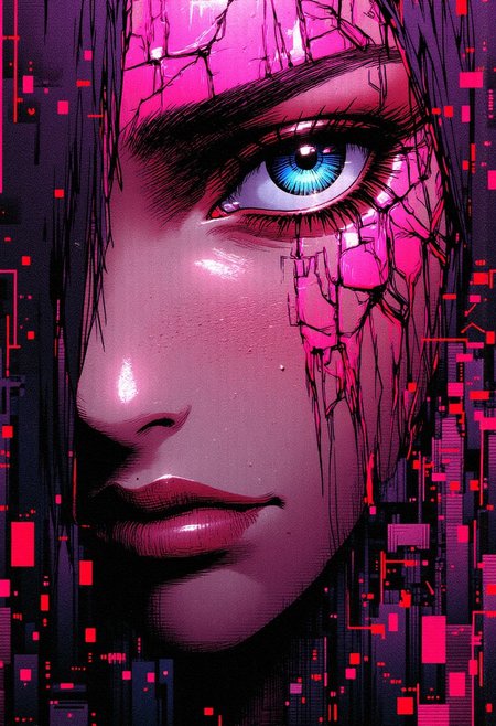 Close-up portrait, surreal cyberpunk-meets-dreamlike horror. A woman’s face, half-covered in a liquid chrome mask that drips like mercury, reflecting neon pink and deep violet hues. Her exposed eye—electric blue, slit pupil—stares directly forward, unblinking, emotion unreadable. Delicate yet unsettling, her skin appears cracked, revealing luminous circuitry beneath. Her hair, iridescent strands of shifting data, glitches as if distorting reality itself. Background: a blurred, chaotic digital cityscape in motion, endless skyscrapers bending at impossible angles, faint silhouettes staring from within glitching reflections. The palette is deep purples, burning magentas, and stark whites, the contrast creating an uncanny, mesmerizing effect. The edges of the frame flicker, as if the image itself is unstable.
