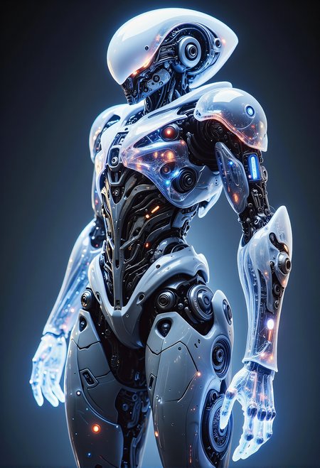 An alien-tech robot with translucent panels revealing glowing, otherworldly energy inside, and limbs that shift and reshape fluidly <lora:Dever_Flux_Enhancer.safetensors:0.5>,  <lora:aiai-Glimra-Flux-Dev-v2.safetensors:0.5>,  <lora:Instant camera portrait photography V2.0.safetensors:0.5>,  <lora:Cyberpunk Realistic V1.safetensors:0.5>,