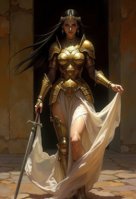 Frank Frazetta fantasy dark fantasy oil painting of  a beautiful Middle Eastern Iranian woman, she has light brown skin and flowing straight black hair.  She wears heavy golden Medieval Armor over a completely sheer white dress