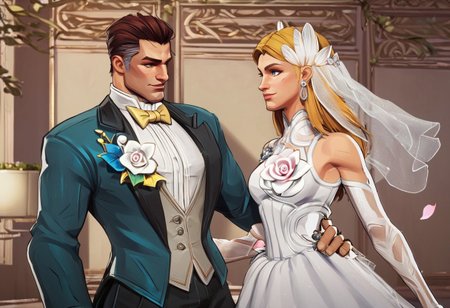 score_9, score_8_up, score_7_up, masterpiece, best quality, newest, absurdres, highres, 1boy, ReedRichards-Lifefantasticskin-V1.0,   suit, formal clothes, bowtie, brown hair, brown eyes, flower, shrt hair, pants, yellow bowtie, portrait, 1girl, SueStorm-Lifefantasticskin-V1.0,  wedding dress, wedding veil, veil, white dress, short dress, blonde, bare shoulders, blue eyes, flower, jewelry, long hair, earrings, long hair, high heels,