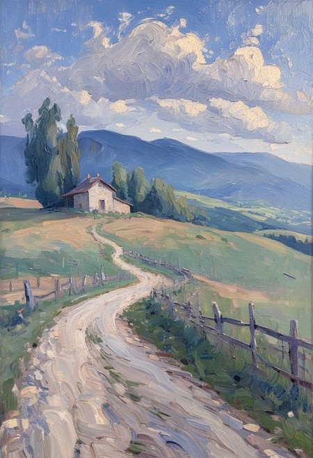 masterpiece, impressionism, style of Berthe Morisot, landscape, evening, scene of an undulating gravel road in Northern Italy. The road moves outward from the viewer and the up a hill, cresting with a small stone building at the top. A ridge of taller mountains reside in the background behind the hill and the stone shack. The focus of the work is the road and the shack in the mid-ground of the scene. The sky at the top of the canvas is a hazy hue of blue with darkening clouds near the mountain tops, indicating a passing rainstorm. A dilapidated wooden fence appears next to the gravel road in the foreground of the scene. High definition, bold brushstrokes, free-flowing brushstrokes, high quality, 8k, unsigned.