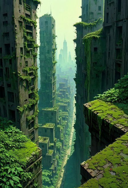 Artwork, A post-apocalyptic cityscape viewed from a high vantage point. A lone female figure stands on the edge of a crumbling, overgrown skyscraper, gazing out at a sprawling city overtaken by nature. The buildings are decayed, covered with vines and moss, and the streets below are barely visible through the dense mist and sunlight filtering through. The mood is both serene and melancholic, with bright green foliage contrasting against the muted, weathered tones of the city ruins. The scene exudes a sense of quiet isolation, resilience, and the reclaiming power of nature...(anime,cyberpunk,Moebius (Jean Giraud) Style page), comicbookpencils