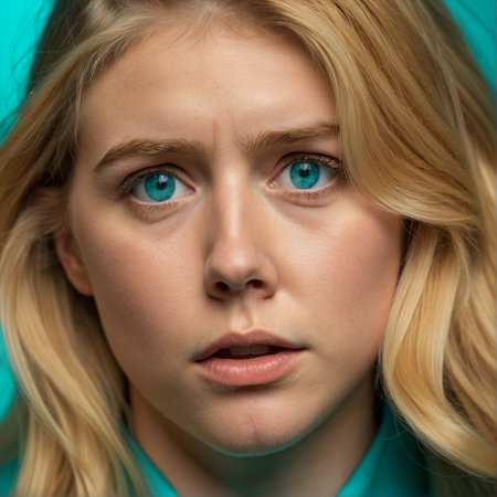 RAW photograph, Danish woman, 25 years old, golden blonde hair, aqua eyes,  medium close-up shot,  profile shot, frightened expression, neutral uniform photostudio background, highly detailed, professional, soft volumetric lighting,  photographed on a Canon EOS R5, 50mm lens, F/2.8, HDR, 8k resolution, highres, high detail,