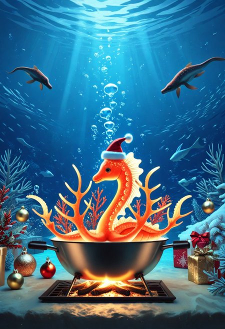 masterpiece, best quality, high quality, good quality, Seahorses, christmas animals, cooking, underwater, glowing corals, festive ambiance, bioluminescence, holiday theme, detailed, intricate details, dynamic lighting, festive accessories, Santa hats, christmas animals, d2j3m0x
