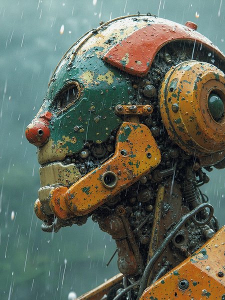 In a distant galaxy, a behemoth of a mech titan lies defeated, its once-mighty body now a twisted mass of rusted steel and shattered glass. The extreme close-up reveals the intricate details of this technological monstrosity, as if seen through the lens of a camera, with every jagged edge and broken plate magnified to an unsettling degree.  Rain lashes down upon the Titan's face, casting an otherworldly glow as the storm approaches. The mech's eyes, two empty sockets of glass, seem to stare back at us, its expression a sorrowful mixture of defeat, <lora:Flux_Turbo_Alpha.safetensors:1.0> <lora:xijie_crayon-20.safetensors:0.25> xijie_crayon cute crayon drawing <lora:Flux DetailerV2.safetensors:0.8> detailed