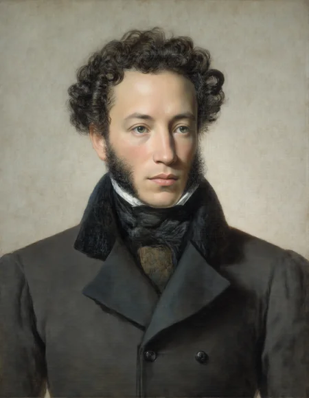 <lora:Dark_Fantasy_Pulp_Pinup:1>, <lora:pushk1n:1>Realistic portrait of Alexander Pushkin, Russian poet and writer, in his early 30s. Sharp intelligent gaze, dark expressive eyes, clean-shaven face with a hint of stubble, wearing a dark 19th-century military-style coat with buttons and a high collar. Soft classical lighting, neutral background with subtle historical atmosphere. Emphasize his noble posture and penetrating gaze. Oil painting style, highly detailed.