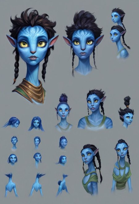 Character Design page of a young female Avatar navi alien with blue skin