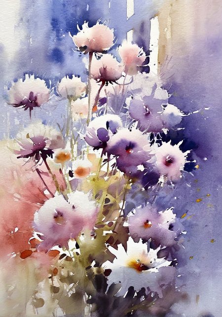 Thomas Schaller watercolor style,Watercolor Still Life,flowers,<lora:Watercolor _sdxl:1.3>, Watercolor style,