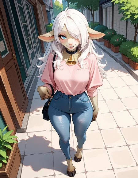 masterpiece, best quality, very aesthetic, absurdres,
outdoors, casual, 
full body, posing, 
 seductive smile, parted lips, long eyelashes,
 <lora:Ann_v01_NAIXL:1>
4nn3,1girl,solo,furry,furry female,animal ears,white hair,long hair,hair over one eye,blue eyes,snout,animals nose,collar,neck bell,body fur,white fur,tail,hooves,