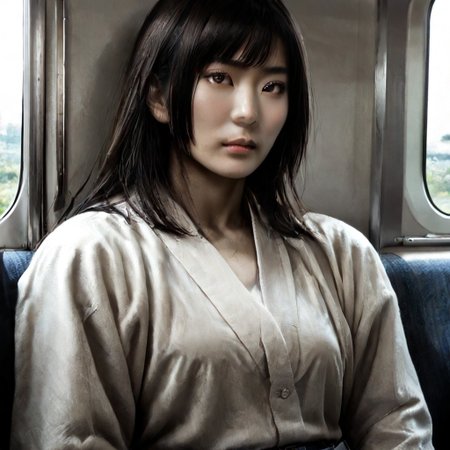 score_9, score_8_up, score_7_up, masterpiece, very high quality, japanese woman, asian face, 1 girl, high cheekbones, flat nose, very wide face, grey eyes, gray eyes, sitting, white shirt, jeans, epiCPhoto, legsonthetra1n, from front, sitting across from viewer, train interior, leg focus