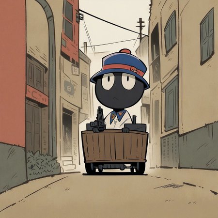 score_9,score_8_up, masterpiece, by Simon Hutt and Takeichi Abaraya \(skchkko\), (solo:1.2), 1mutant, humanoid, pale black skin, thick scowl eyes, @ @, blue Dot Pupils, Black thick eyebrows, hidden nose, mouth (Dimple), power lines, no humans, Magenta Bowler hat, bandage arms, white simple jacket robe, Maroon Bow Tie, pointed flat collar, Panel Screws on neck, shackles on wrist, black Apron, red laced boots, looking at viewer, rage and Revulsion, looking at view, Slightly Side View, holding Machinegun, riding at in wagon, Asterboid + Garden+ Chinatown + Seoul + New York City, Artist by Alexis Beaumont and Hiroyuki Imaishi, France hand drawn art, MFKZ style hand drawn art, graphic illustration, Style of Steve Baker and Hiroyuki Imaishi, Flat 2D Art Style, France hand drawn art, Thick lineart, Art Style of Wuye Changjie and Hiroyuki Imaishi, MFKZ parody, <lora:TakeichiAbarayaArtistStyle_v10:0.2>, <lora:AlexisBeaumont-10:0.8>, <lora:SilviaDeVenturaArtist-19:0.2>, <lora:LewisTrondheimXLP_Style:1>, <lora:HellperWebtoonV2:0.9>, <lora:MFKZ-XL:1>