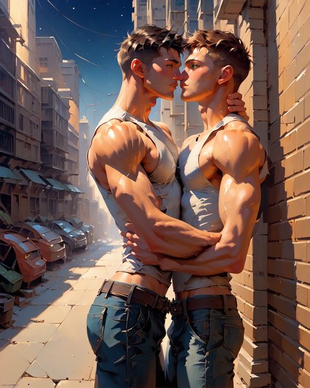 1score_9, score_8_up, score_7_up, intricate details,
<lora:Digital_Dynamic_Oils_or_whatever_this_is_called-000009:1>, 
1boy(human, young man, slender, handsome, black hair, green eyes, sleeveless white undershirt:1.5, skinny jeans with low waistline, pants, sleeveless undershirt, round ass,
looking at the viewer, grinning, cowboy shot), inner city alley, narrow, graffiti, grime, high buildings, at night, moonlit, starry sky, depth of field, detailed background, 
<lora:ral-chrosc-clr:0.8>, ral-chrosc-clr,
<lora:xl_more_art-full_v1:0.4>,
<lora:add-detail-xl:0.4>