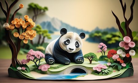 Paper quilling art of <lora:papercarvingcd_xl-000005:0.6>,a handmade sculpture of a panda made of papercarvingcd_xl in office scene,full body,scenery,tree,river,stone,lawn,miniature,tilt-shift,indoors,chinese zodiac,wooden table,cutie,cute,still life,animal statue,front view,facing viewer,looking at viewer,8K,HDR,UHD,masterpiece,best quality,highly detailed,high resolution,finely detail,extremely detailed,ultra detailed,wallpaper . Intricate, delicate, curling, rolling, shaping, coiling, loops, 3D, dimensional, ornamental