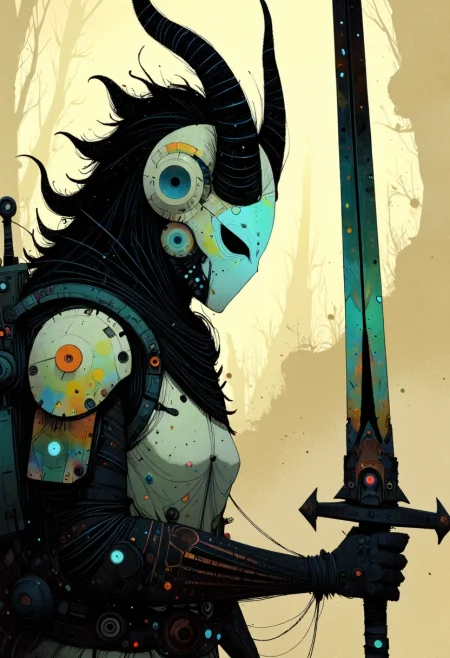 in the style of ppWhimsy, ral-frctlgmtry, ppstorybook,A apoclypse surreal cyberpunk setting under a gritty bleaked beige and blue-turqoise misty desert sunset, a Closeup Portrait of an eerie horned hkgod sci-fi shinobi nun-scout with billowing octopus backpack in a sandstorm, their holographic crystalline mask glinting like shattered rainbows. Iridescent black amber teal energy veins pulse across their form. The atmosphere is thick with heat distortion, glowing particles floating in the air. dark atmospheric lighting, white cybernetic armor. Wielding a massive sss great sword with intricate translucent engravings, hknuns
<lora:pp-enchanted-whimsy:0.7> <lora:ral-frctlgmtry_flux:0.7> <lora:pp-storybook_rank2_bf16:0.8>