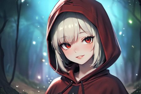 (masterpiece:1.4), 4K8K, (anime style), (high shutterspeed:1.4), (sharp edges), 
SyFyEye1, FanFo, upper body, 
woman leaning foward, smile, closed mouth, wearing red hooded cloak, linen dress, red eyes, 
(Detailed face, Detailed eyes, Detailed lips), (solo), 
Fantastic Forest at fantasy, Fantastic,