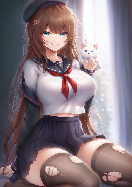 1girl,beret, blue eyes, brown hair, cat, hat, looking at viewer, school uniform, serafuku, smile, thighhighs, torn clothes, torn legwear <lora:rourou_been:1>