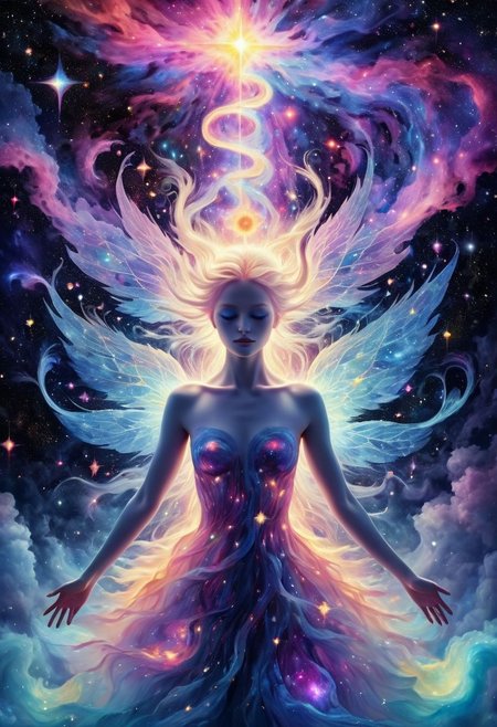 Ink illustration on parchment. A dark ghostly woman, dark slit toga, sensuality, double exposure, order and chaos, whirling astral setting, kindness, reflection, dichromatism, leaning perspective, wide-eyed wonder, astral glow, celestial patterns, swirling nebulas. Bokeh blur. Colorful. BadDream, DEVIL SPAWN.