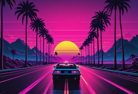 synthworld, synthwave, retro, car, highway, black palm trees, sunset