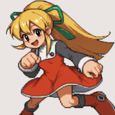 score_9, score_8_up, score_7_up BREAK RollMvC, 1girl, blonde hair, ponytail, black eyes, green ribbon, white collar with black buttons, red dress, long gray sleeves, white cuffs, red white boots, cowboy shot, closeup, smiling at viewer,
