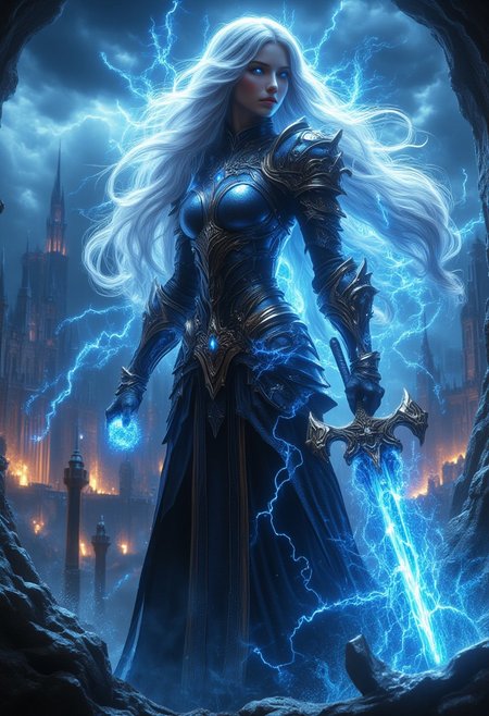 "A powerful female warrior stands tall on a rocky ledge, surrounded by an epic dark fantasy landscape. She has long, flowing silver hair that glows with energy, with strands dancing in the air as if infused with magic. Her piercing eyes reflect an otherworldly strength, while her face conveys both wisdom and determination. She wears intricately designed dark, metallic armor with gold accents, combining a regal and menacing appearance. The armor is highly detailed with sharp edges and a mystical blue glow emanating from various points, particularly around her shoulders and chest.
In her right hand, she holds a massive, ornate staff or spear, crackling with ethereal blue lightning, and in her left, a swirling ball of raw magical energy. The sky behind her is dark and ominous, with towering gothic spires and ancient castles in the distance, illuminated by the faint glow of fires or molten lava. Her presence is dominant, as though she commands both the elements and the battleground before her. Blue energy arcs around her figure, and the backdrop contributes to the dramatic, intense atmosphere, with swirling clouds and flashes of lightning adding to her commanding presence. The setting feels ancient, mystical, and charged with tension, capturing the essence of an all-powerful sorceress in the midst of an epic battle."