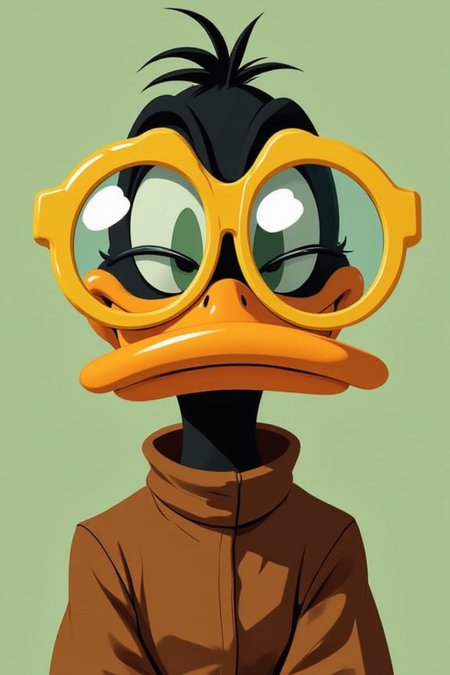 illustration, cartoon, anime, manga, drawing, A close-up of Daffy Duck from the Looney Tunes, wearing large, round, yellow glasses with translucent lenses. His eyes are half-closed, giving him a bored and unimpressed expression. His beak is large, orange, and curved slightly downwards. Daffy Duck is wearing a brown jacket with a high collar underneath. The background is a simple, flat, light green surface with no additional detail. The lighting is soft, with no visible shadows, creating a flat, cartoonish style.