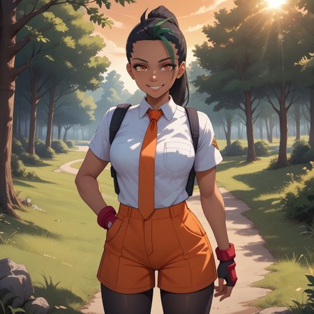 score_9, score_8, BREAK, 1girl, solo, nemona (pokemon), smile, black hair, two-tone hair, dark skin, dark skin female, orange eyes, naranja academy school uniform, white shirt, orange necktie, single glove, fingerless gloves, orange shorts, pocket, black pantyhose, red footwear, sexy pose, self portrait, smile, outdoors, sunlight, shadows, evening lighting, natural lighting, forest, trees, grass, orange sky, sunset
