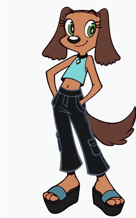 score_9, score_8_up, score_7_up,((best quality)), absurdres, ((full body)), <lora:BolivanteStyle:0.8>,  <lora:TiffanyTurlingtonPXL:0.8>,TiffanyTurlingtonPXL,brown hair, shirt, navel, animal ears, green eyes, tail, sleeveless,midriff, pants,black pants, sandals, blue shirt, dog ears, furry, dog tail, furry female, dog girl,platform footwear, white background,pockets,brown skin,smile
