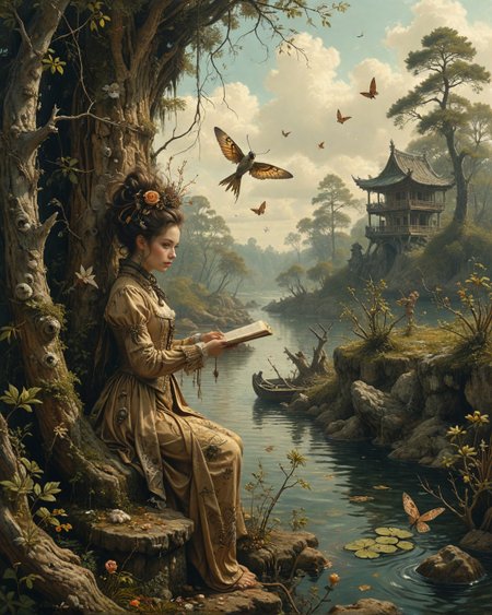 nsfw,bird's-eye view with dramatic foreshortening of a yōkai spirit with paper talisman adornments perched on edge of crumbling structure in front of Arkhip Kuindzhi (chromatic effects), Cypress swamp with still black waters, moth cocoons in crevices, roman milestone marker,lapwing performing display.,
wearing quantum entanglement particle dress made of frozen lightning fractal embroidery with anti-gravity flowing scarf fragments,
steampunk Da Vinci codex sketches in the style of ivan shishkin, underwater caustic ripple dance, burnt manuscript sepia fade,
time dilation frame blending, nomad, dune-rippled, caravan-trailed, diagonal split for dual-narrative contrast, artstation, trending on artstation, highly detailed fantasy art, stocking, intricate, elegant, highly detailed, centered, digital painting, concept art, smooth, sharp focus,
<lora:tbh76-sdxl:0.15> Style of Mark Ryden,
<lora:tbh124-sdxl:0.15> style of Jean-Antoine Watteau,
<lora:tbh129-sdxl:0.15> style of Michael Cheval,
<lora:add-detail-xl:0.7>,
<lora:Flux-XL_Scenery:0.15> flux-scenery,
<lora:Flux-style-xl-lora:0.15> flux-style,
<lora:1dkXLP:0.15> 1dk,
<lora:extremely_detailed:0.8> extremely detailed ,
<lora:urotatoXL10a:0.12> ur0tat0xl10a,
