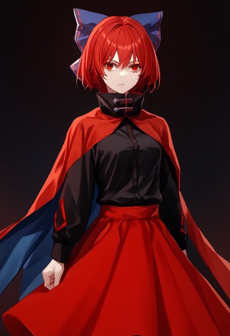score_9, score_8_up, score_7_up, score_6_up, score_5_up, score_4_up, source_anime, solo, 1girl, 
sekibanki, red hair, red eyes, blue bow, black shirt, long sleeves, red skirt, two-tone cape, 
masterpiece, best quality, very aesthetic, absurdres,