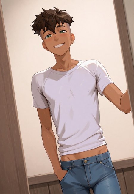 score_9, score_8_up, score_7_up, Masterpiece, Best Quality, beautiful eyes, detailed eyes, male focus, dynamic angle, dim lighting, blush lines, male focus, solo, face focus, front view, seductive smile, teeth, cowboy shot, standing,

((male)), ((mature)), ((adult)), handsome, sexy, ((skinny)), ((slim)), ((slender)), ((twink)), white shirt, tight blue jeans,

Ka1 lok, dark skin, brown hair, undercut, messy hair, short hair, green eyes