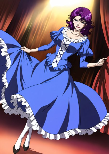 best quality, very aesthetic, absurdres, zPDXL, depth of field, volumetric lighting, BREAK
full body,  
perfect face, ultra-detailed face, perfect eyes, detailed eyes, light smile, 
1girl, solo,
<lora:lady_joe:0.8>ladyjoe, purple hair, blue dress, frills,
