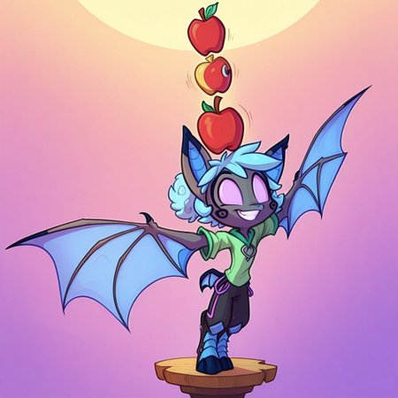 Dreamkeepers,1girl,Prelude_Vanth,solo,furry,source_furry,blue hair,wings,furry,bat wings,
child, kid, 
balancing, apple, playful, smiling, cute, outdoors, warm colors, fluffy hair, bright sky, soft shading, standing under a bright blue sky, balancing an apple on her head with a playful grin. She wobbles slightly, trying her best not to let it fall.