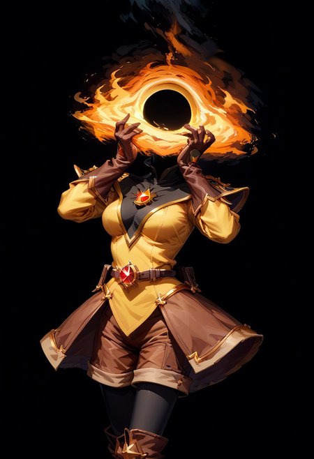 score_9, score_8_up, score_7_up,
lord_of_frenzy, fire head,
faceless, no eyes, no mouth, no nose, no facial features, 
h3ad, object_head, 
(black hole:1.1), (event horizon:1.1), (gravitational lensing:1.3),
magical girl outfit, yellow steampunk dress, boots, (brown shorts:1.2), black tights, medium breasts, belt, brown gloves, black long sleeves,
simple background, black background,
hands on own face, hands on own cheeks, yandere trance,
expressive pose, tilt head, arched back,