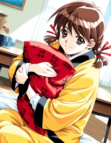 score_9, score_8_up, score_7_up, source_anime, rating_explicit, BREAK <lora:Nagashima_Kumiko_XL:1>Nagashima_Kumiko, brown hair, brown eyes, hair ribbon, red ribbon, twin braids, bangs, short twintails,
1girl, solo, indoors, long sleeves, smile, object hug, looking at viewer, pillow, pillow hug, 1990s (style), long hair, sitting, Yellow pajamas, table, shirt