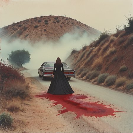 <lora:70s_Horror_MovieSDXL:1> ArsMovieStill, movie still from a 1970s horror movie, The image shows a black car parked on the side of a dirt road. The car appears to be a vintage model with a sleek design and chrome accents. It is parked in the middle of the road with a hill on the right side and a foggy sky in the background. On the left side of the image there is a person walking away from the car wearing a long black dress. The person is walking towards the car with their back towards the camera. The road is lined with shrubs and bushes on both sides and there is red paint splattered on the ground. The image has a sepia tone giving it a vintage feel., ground vehicle, car, motor vehicle, vehicle focus, outdoors, 1girl, scenery, blood, solo, tree