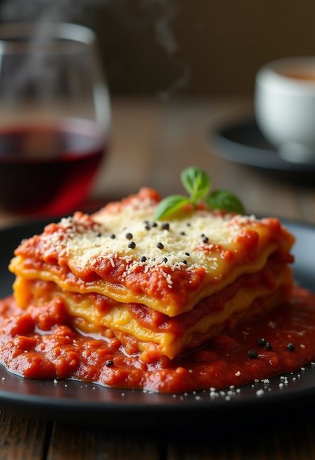 A perfect piece of Lasagna bolognese, rich red sauce, steaming slightly, beautiful melted cheese, top covered in flakes of parmesan, a few flakes of ground black pepper, on a black plate, a half filled glass of red wine on the left, peaceful background, relaxing atmosphere,
Photorealistic, Highly detailed, masterpiece, 4k, high resulution, great lighting,