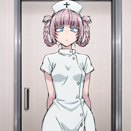 ( <lora:nazuna:1>), nazuna nanakusa, ringed pink hair, braid hair, blunt bangs, blue eyes, ringed eyes, cute, nurseclothes, short white dress, nursecap, nurse cosplay, masterpiece,