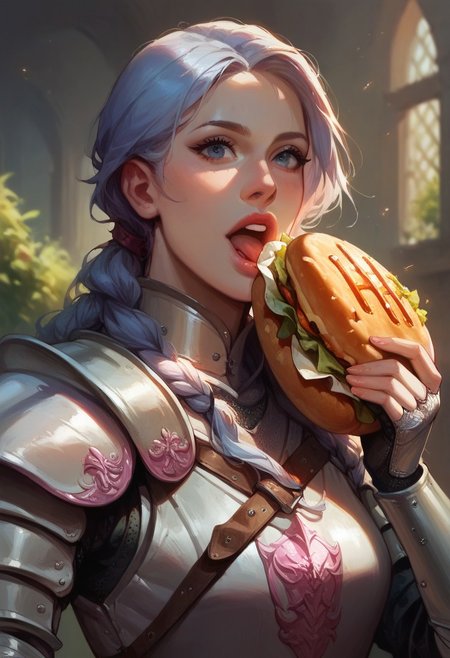 score_9, score_8_up, score_7_up,  , portrait,   
1girl, solo,  close up, eating hamburger, mouth open,
medieval, heavy armor, plate armor, helmet, knight,