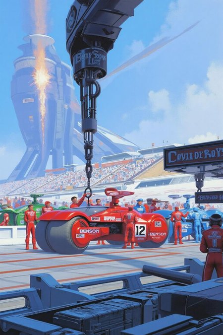 sydme1 painting 
of a futuristic, high-tech racing scene in a vast, futuristic arena. The main subject is a sleek, red and white racing car, labeled "BENSON" and "12," with futuristic aerodynamic design elements, including a prominent front wheel and a streamlined body, positioned in the foreground. The car is surrounded by a group of racers in matching red and white suits, likely the team members, engaging in pre-race preparations. <lora:sydme6_cap_d6a3:1.0><lora:811018382729218018:0>