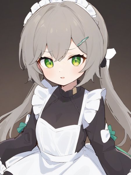 <lora:xl_qingque girl2:1>,qingque girl,grey hair,green eyes,twintail,maid,