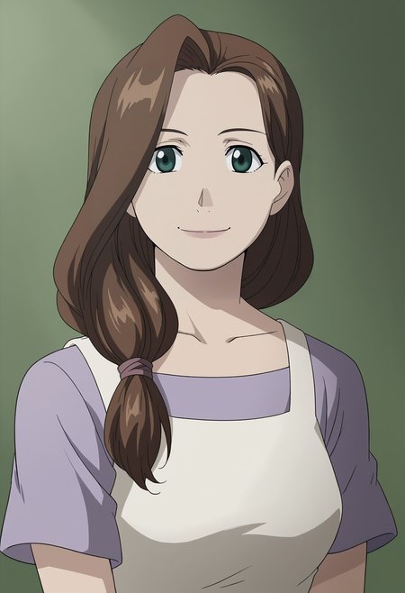 <lora:Trisha_Elric-Fullmetal_Alchemist:0.85>,Trisha,mature female,1girl,solo,brown hair,green eyes,long hair,hair over shoulder,dress,upper body,looking at viewer,smile