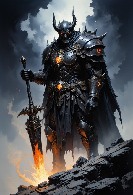 A towering, ominous death knight stands tall in the midst of a desolate battlefield, the blackened sky overhead swirling with dark, unnatural clouds. His massive, intricate black armor seems almost alive, forged from cursed obsidian and tempered steel, etched with glowing, fiery runes of unknown origin. The armor is a work of dark art, sharp angles and twisted designs that give it an otherworldly, malevolent feel, each piece glinting faintly in the dim light. His helmet is adorned with jagged horns, and a translucent, ethereal mist drifts from the openings, adding to his unsettling presence. He grips the shaft of an enormous weapon, its blade nearly as tall as he is, embedded deeply into the cracked earth beneath him. The weapon pulses with dark energy, and the ground around it is scorched, as if the weapon itself has absorbed the life force of the land. The death knight's hand rests firmly on the weapon, its sheer weight causing the ground to tremble slightly under his presence. His silhouette casts a long shadow, merging with the surrounding darkness. His posture is regal and terrifying—an unstoppable force standing in quiet dominion over the wreckage of his domain. The lighting is harsh, emphasizing the deep contrasts between the gleaming black armor and the smoldering remnants of the battlefield, creating an air of sheer dread and unrivaled power.