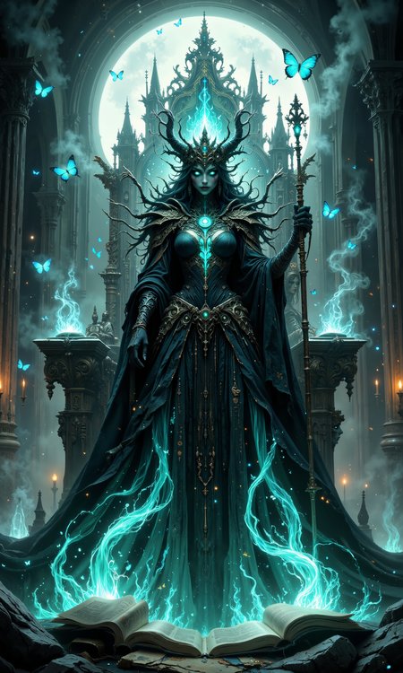 Undead queen, ethereal beauty, shimmering cobweb gown, spectral crown, commanding legion of skeletal warriors, misty graveyard throne, arcane sigils, moonlit Gothic cathedral backdrop, glowing necromantic tomes, swirling ectoplasmic energy, ghostly blue flames, enchanted staff, piercing emerald eyes, pale luminous skin, intricate bone jewelry, phantasmal butterflies, eerie fog tendrils, mystical runes, 8k detail, masterpiece quality, dark fantasy art style <lora:Niji V2B:0.4> <lora:Rainbow_on_black_style-000003:0.3> <lora:FluxMythR3alisticF:0.7> <lora:flux_dev:1>