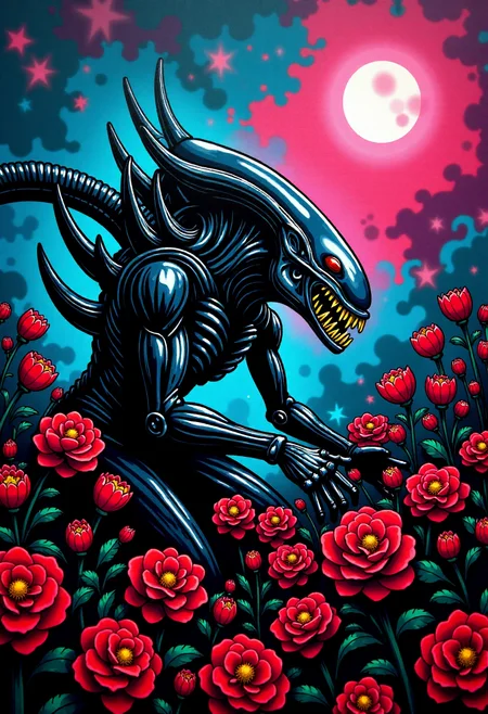 <lora:Graffiti_Characters2_FLUX-000011 (1):0.9>
This is a vibrant, stylized digital drawing set against a dramatic, abstract background, of a  black Xenomorph picking flowers in a garden