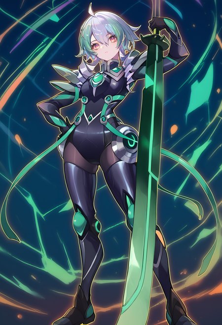 (score_9:0.9),score_8_up,score_7_up,anime style,rating_safe,(zPDXL),<lora:sky striker ace - camellia ponyXL v2:0.88>,sky striker ace - camellia,black battle costume,holding green katana,green katana,weapon,solo,holding,full body,looking at viewer,standing,glowing,