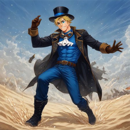full-length portrait, dynamic pose, blue sky backgrouns, sunny day, vegetation, sand, fire and sparkles, a sexy male, SABO, male focus, 1boy, blonde hair, solo, smile, gloves, ascot, scar, pants, hat, goggles, coat, belt, goggles on headwear, short hair, top hat, shirt, scar on face, brown gloves, black headwear, open clothes, boots, open coat, white ascot, black coat, long sleeves, blue pants, black footwear, pectorals, abs, jacket, blue shirt, black gloves, goggles around neck, blue eyes, muscular, muscular male, scar across eye, white shirt, yaoi