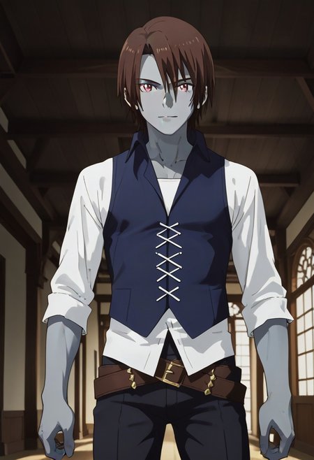 ((masterpiece)), ((best quality)), ((ultra-detailed)), score_9_up, score_8_up, score_7_up, HD, top quality, best quality, High-quality illustrations, anime screencap, source_anime, perfect anatomy, 1boy, 1male, male anime character, anime boy, solo male, male focus, handsome, attractive, cute, sexy, ((lean body, fit body, athletic body)), long legs, tall legs, ((tall, tall body, tall height)), looking at viewer, looking at front, front shot, front view,Rou,brown hair,red eyes,gray skin, blue vest, white long sleeve shirt, exposed forearms, double belts, black pants, barefoot, full body shot, head to feet shot
