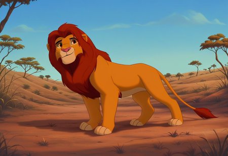 core_9, score_8_up, score_7_up, , g4n1m3, comicbookpage style,
solo,
savanna background, savanna and trees and sky in the background
 <lora:J_cartoon:0.70>
 <lora:sn0w:0.45>
 <lora:princess_xl_v2:0.8>
 <lora:Furry Enhancer 6.1:0.4>
BREAK
(simba:1.2, lion), red mane, red hair, light brownish gold fur, male, red eyes, (smiling,),
 <lora:Furry_Lora_Simba_Lion_King-000005:0.6>